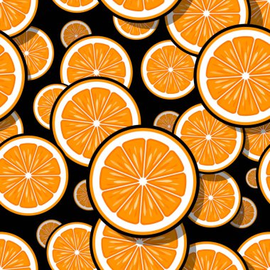 Portakallı meyve dilimi grafikleriyle kusursuz desen. Vektör çizimi. Duvar kağıdı, ambalaj, kumaş, tekstil, ambalaj kağıdı tasarımı ve her türlü dekorasyon için idealdir..