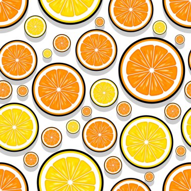 Portakal ve limon dilimli kusursuz desenli grafikler. Vektör çizimi. Duvar kağıdı, ambalaj, kumaş, tekstil, ambalaj kağıdı tasarımı ve her türlü dekorasyon için idealdir..
