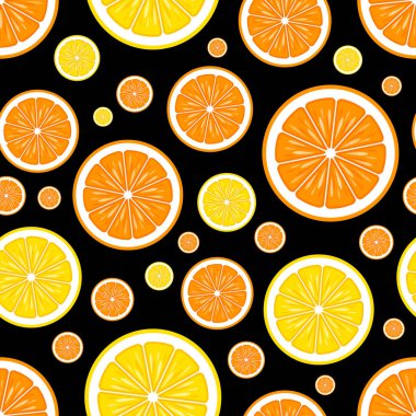 Portakal ve limon dilimli kusursuz desenli grafikler. Vektör çizimi. Duvar kağıdı, ambalaj, kumaş, tekstil, ambalaj kağıdı tasarımı ve her türlü dekorasyon için idealdir..