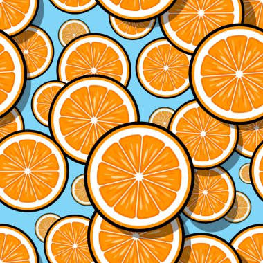 Portakallı meyve dilimi grafikleriyle kusursuz desen. Vektör çizimi. Duvar kağıdı, ambalaj, kumaş, tekstil, ambalaj kağıdı tasarımı ve her türlü dekorasyon için idealdir..