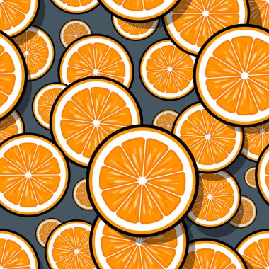 Portakallı meyve dilimi grafikleriyle kusursuz desen. Vektör çizimi. Duvar kağıdı, ambalaj, kumaş, tekstil, ambalaj kağıdı tasarımı ve her türlü dekorasyon için idealdir..