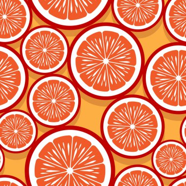 Portakallı meyve dilimi grafikleriyle kusursuz desen. Vektör çizimi. Duvar kağıdı, ambalaj, kumaş, tekstil, ambalaj kağıdı tasarımı ve her türlü dekorasyon için idealdir..