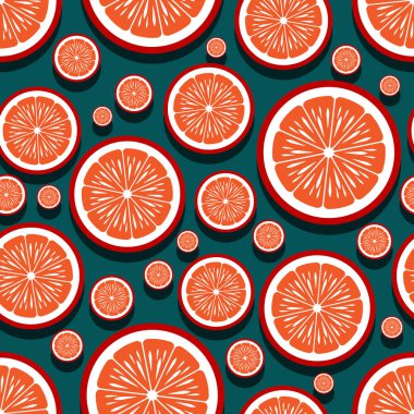 Portakallı meyve dilimi grafikleriyle kusursuz desen. Vektör çizimi. Duvar kağıdı, ambalaj, kumaş, tekstil, ambalaj kağıdı tasarımı ve her türlü dekorasyon için idealdir..