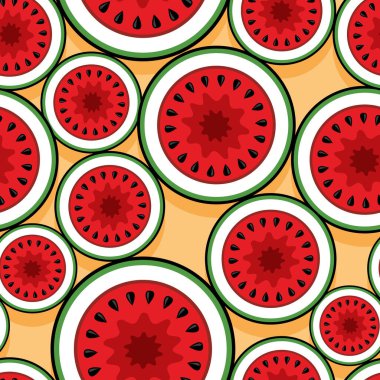 Karpuz dilimi grafikleriyle kusursuz desen. Vektör sanat illüstrasyonu. Duvar kağıdı, ambalaj, kumaş, tekstil, ambalaj kağıdı tasarımı ve her türlü dekorasyon ve el işi için idealdir..
