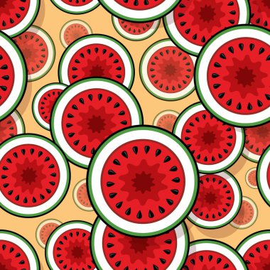 Karpuz dilimi grafikleriyle kusursuz desen. Vektör sanat illüstrasyonu. Duvar kağıdı, ambalaj, kumaş, tekstil, ambalaj kağıdı tasarımı ve her türlü dekorasyon ve el işi için idealdir..