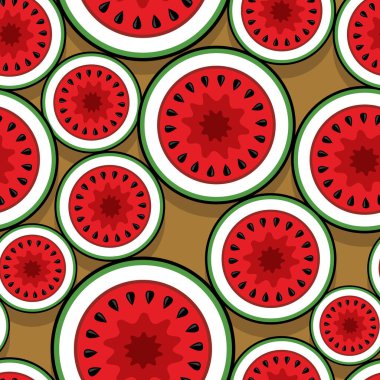 Karpuz dilimi grafikleriyle kusursuz desen. Vektör sanat illüstrasyonu. Duvar kağıdı, ambalaj, kumaş, tekstil, ambalaj kağıdı tasarımı ve her türlü dekorasyon ve el işi için idealdir..