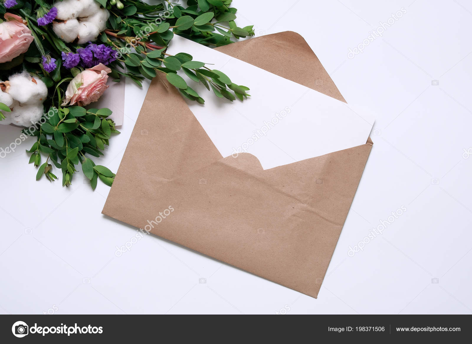 Download Mockup With Postcard Flowers Bouquet Kraft Envelope Stock Photo Image By C Savanevich 198371506