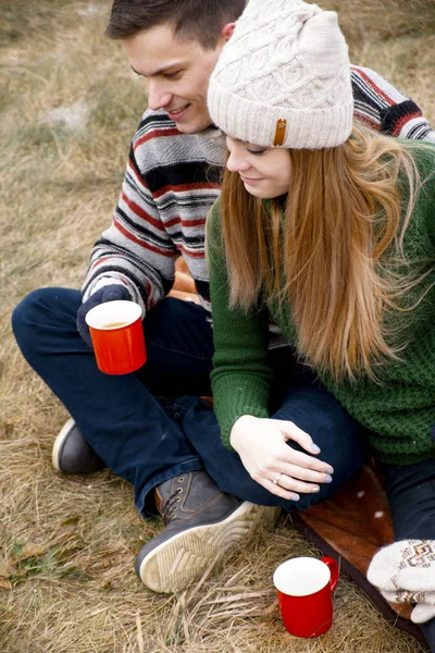 Ungt Par Har Picknick Lyckliga Par Kärlek Sitter Och Njuter — Stockfoto