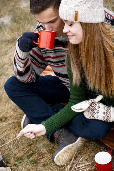 Jong Koppel Met Een Picknick Gelukkige Paar Verliefd Zitten Samen — Stockfoto