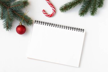 Noel süsleri, köknar, dalı listelemek için 2019 yeni yıl beyaz rustik Tablo listesi gol kamışı, defter ile şeker. Boş defter metniniz için kopya alanı ile. Düz yatıyordu, en iyi görünüm, ek yükü.