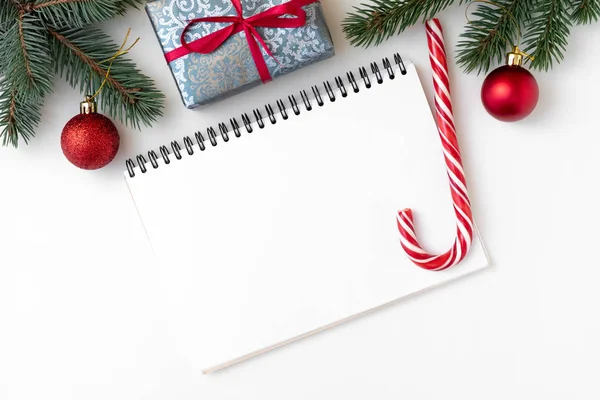 Christmas Decorations Branch Fir Candy Cane Notebook List 2019 New — Stock Photo, Image