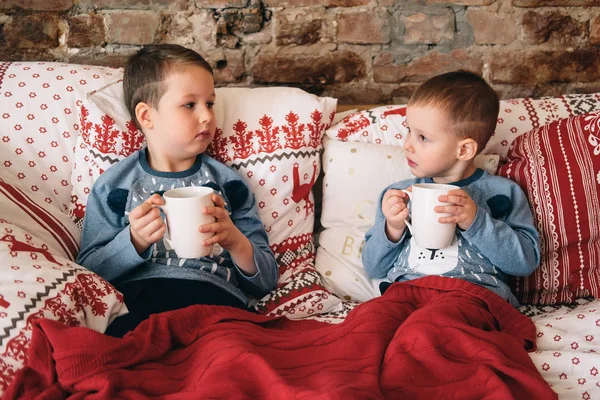 Dois Irmãos Bonitos Tendo Chocolate Quente Juntos Sua Cama Com — Fotografia de Stock