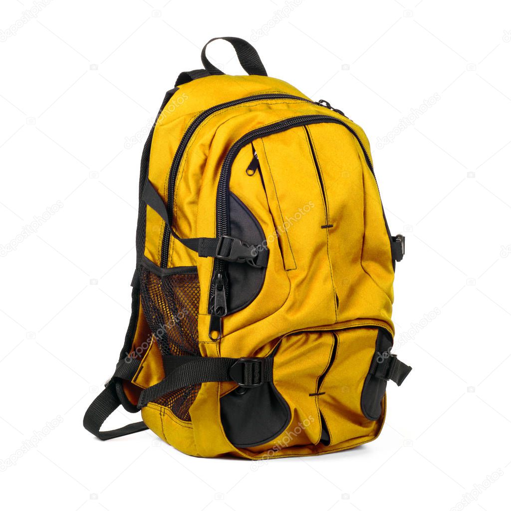 yellow carry on backpack for travel isolated on white background. Children's school satchel bagpack, colored briefcase for teens