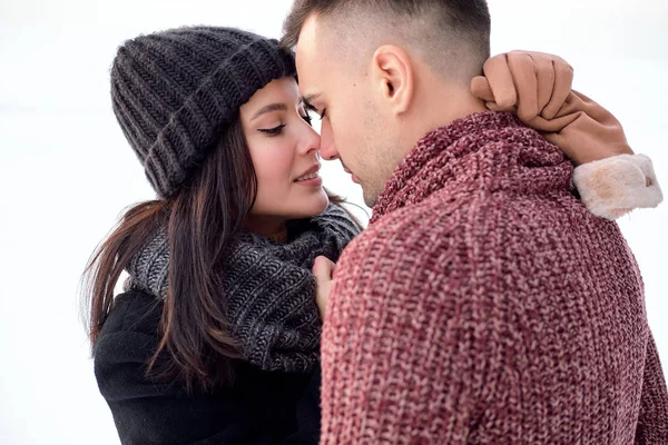 Sensual Couple Love Kissing Outdoors Winter Valentines Day Concept Close — Stock Photo, Image