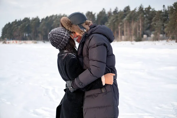 Young Millennial Couple Love Embracing Winter Park Outdoor Sensual Tender — Stock Photo, Image