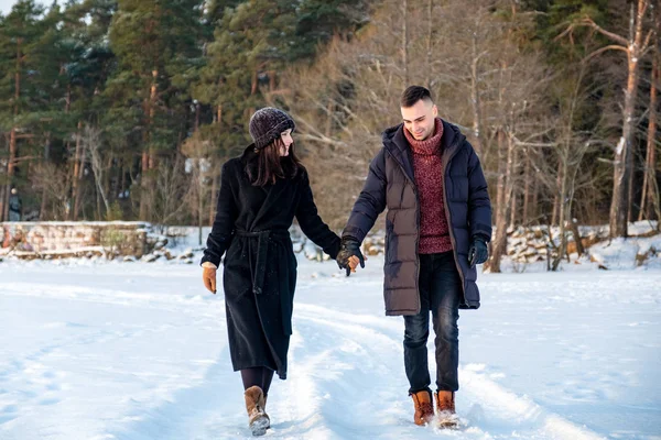 Couple Love Holding Hands Walking Together Park Winter Day — Stock Photo, Image