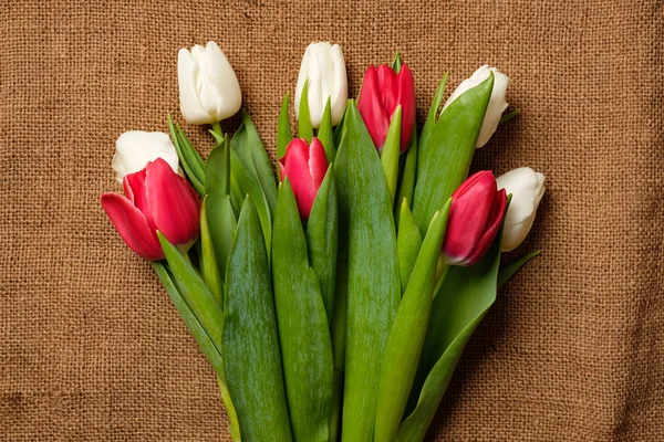 Bouquet Tulips Burlap Background — Stock Photo, Image