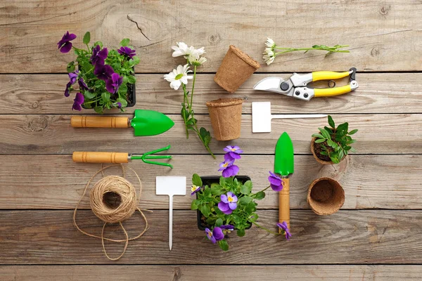 Εργαλεία κηπουρικής, φτυάρι, κλαδευτήρια, τσουγκράνα, πινακίδα, λουλούδια, φυτά, σχοινί, vintage ξύλινο τραπέζι. Άνοιξη στον κήπο έννοια, το top view, επίπεδη lay σύνθεση — Φωτογραφία Αρχείου