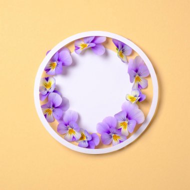 Pastel sarı arka plan üzerinde yabani çiçek yaprakları ile Yuvarlak çiçek çerçeve. Üst görünüm, ihale minimal düz döşeme tarzı kompozisyon. Davet, tebrik kartı veya tasarımınız için bir öğe