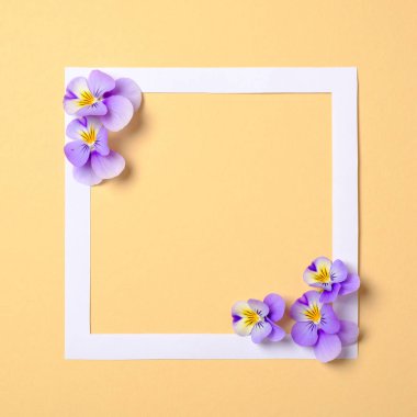 Pastel sarı arka plan üzerinde yabani çiçek yaprakları ile Çiçek çerçeve. Üst görünüm, ihale minimal düz döşeme tarzı kompozisyon. Davet, tebrik kartı veya tasarımınız için bir öğe