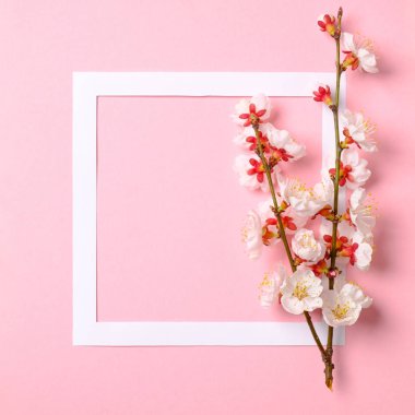 Suluboya bahar arka plan üzerinde çiçek sakura dalları, yaprakları ve yaprakları ile Düz yatıyordu çerçeve. Üst görünüm, çiçek çerçeve, soyut tasarım. Davet, tebrik kartı veya tasarımınız için bir öğe.