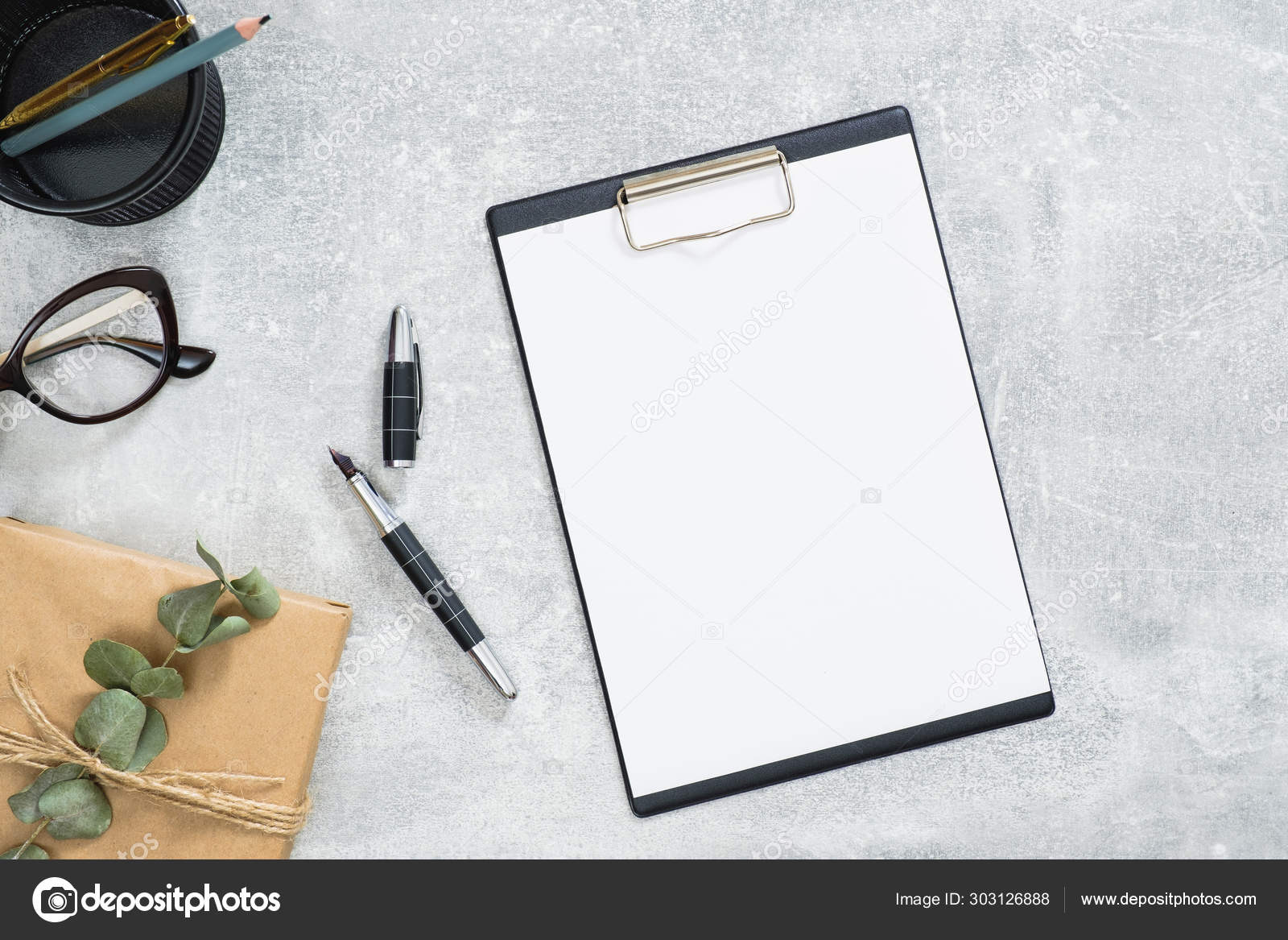 Download Elegant Woman Desk With Blank Paper Clipboard Mockup Gift Box With Branch Of Eucalyptus Glasses On Stone Background Home Office Desk Business Concept Flat Lay Top View Stock Photo Image By C