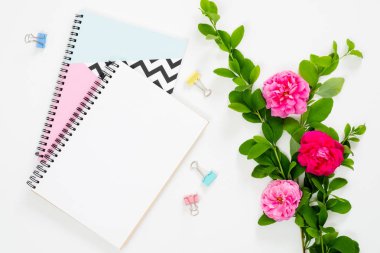 Düz yatıyordu ev ofis masası. Kağıt not defteri, klipler, kırtasiye ve gül çiçek buketi ile kadın çalışma alanı. Üst görünüm kadınsı arka plan.