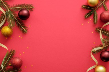 Noel kompozisyonu. Noel çerçeve köknar üç şube, altın ve kırmızı süslemeleri, kırmızı arka plan üzerinde kurdele yapılmış. Düz yatıyordu, üstten bak. Kopya alanı ile Noel afiş mockup şablonu