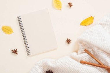 Sonbahar kompozisyonu. Kağıt not defteri, kuru sonbahar yaprakları, örme ekose, tarçın pastel bej arka plan üzerinde sopa. Düz döşeme, üst görünüm, kopyalama alanı. Sonbahar minimal kavramı