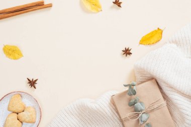 Sonbahar kompozisyonu. Çerçeve kuru sonbahar yaprakları, örme eşarp, hediye kutusu, kurabiye, tarçın pastel bej arka plan üzerinde sopa yapılmış. Düz döşeme, üst görünüm, kopyalama alanı
