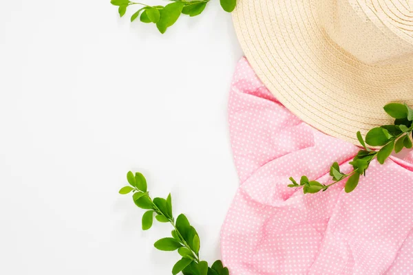 Beyaz arka plan üzerinde hasır şapka, pembe bez ve böğürtlen dalı ile minimal kompozisyon. Düz yatıyordu, üstten bak. Yaz tatili konsepti.