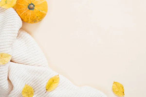 Composizione autunnale Flatlay. Zucca arancione, plaid bianco lavorato a maglia, foglie autunnali asciutte su sfondo beige pastello. Autunno concetto minimale. Posa piatta, vista dall'alto . — Foto Stock