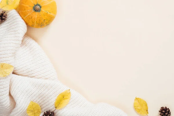 Composizione autunnale Flatlay. Zucca arancione, sciarpa bianca lavorata a maglia, foglie secche autunnali, coni su fondo beige pastello. Autunno concetto minimale. Posa piatta, vista dall'alto . — Foto Stock