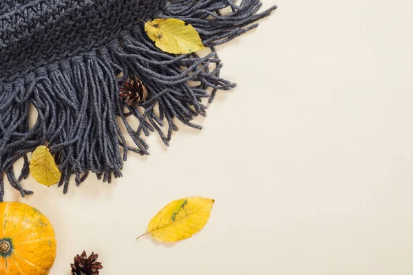 Sonbahar kompozisyonu. Flatlay örme eşarp, düşmüş yaprakları, kabak, pastel bej arka plan üzerinde koni. Düz döşeme, üst görünüm, kopyalama alanı. Sonbahar sonbahar ı ve şükran günü konsepti.
