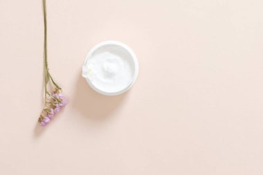 Pastel pembe arka plan üzerinde nemlendirici vücut kremi ve kuru çiçek ile Kavanoz. Cilt bakımı kozmetik, anti-aging kavramı. Minimal düz döşeme stili kompozisyonu, üst görünüm, kopyalama alanı.