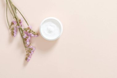 Pastel pembe arka plan üzerinde nemlendirici vücut kremi ve kuru çiçek ile Kavanoz. Cilt bakımı kozmetik, anti-aging kavramı. Minimal düz döşeme stili kompozisyonu, üst görünüm, kopyalama alanı.