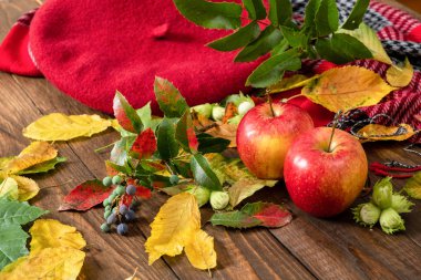 Flatlay sonbahar kompozisyon. Elmalar, bitki dalı, tahta masanın üzerine sonbahar düşmüş yapraklar. Düz döşeme, üst görünüm, kopyalama alanı. Ev masası masasında sonbahar hasadı.