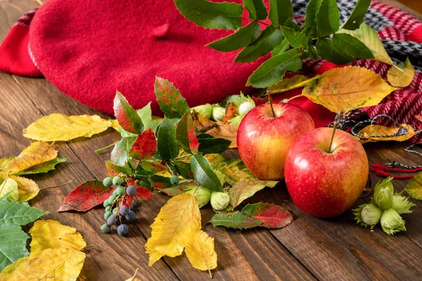 Flatlay sonbahar kompozisyon. Elmalar, bitki dalı, tahta masanın üzerine sonbahar düşmüş yapraklar. Düz döşeme, üst görünüm, kopyalama alanı. Ev masası masasında sonbahar hasadı.