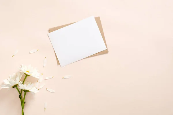 Flores de margarita y carta con tarjeta de papel en blanco maqueta sobre fondo rosa pastel. Acostado plano, vista superior, arriba. Romance y amor a distancia . — Foto de Stock