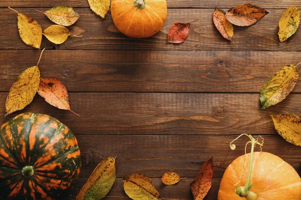 Fondo de cosecha o Acción de Gracias con calabazas y hojas secas de otoño sobre mesa de madera. Composición plana, vista superior, espacio para copiar — Foto de Stock