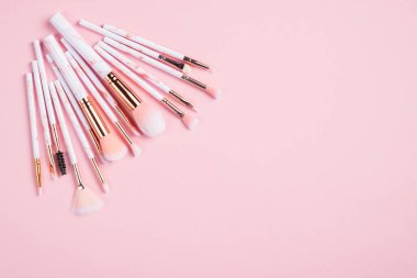 Pembe arka planda profesyonel makyaj fırçaları. Düz yatış, üst görünüm.