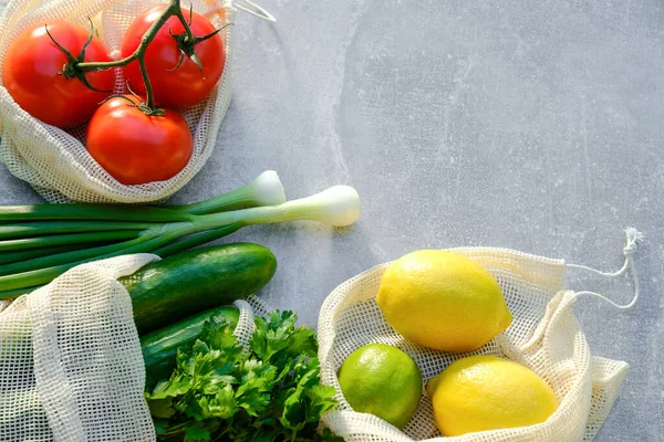 Concepto Compra Cero Residuos Verduras Frescas Frutas Bolsas Algodón Ecológicas — Foto de Stock
