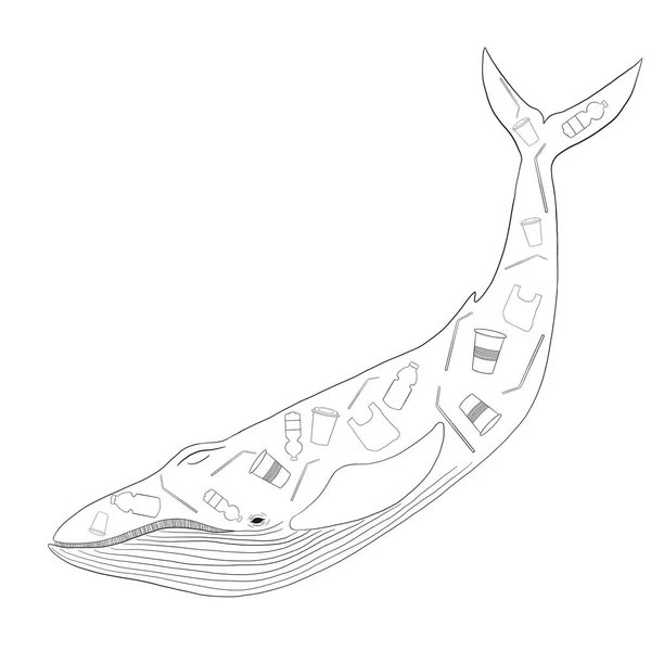 Stop plastic pollution in oceans concept. Whale with plastic garbage inside. Environmental problem - sea fish feeds plastic trash. Hand drawn illustration.