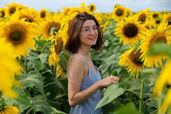Mladý Radostný Dívka Modrých Šatech Chůze Slunečnice Pole Při Západu — Stock fotografie