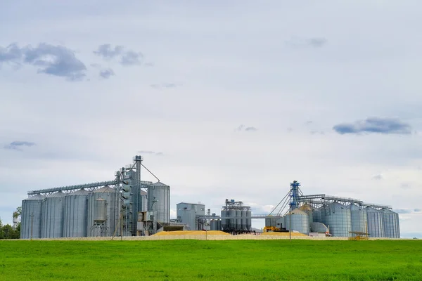 Granary elevator. Metal silos for grain storage, drying, cleaning agricultural products, flour, cereals and grain. Agro-processing, agronomy concept