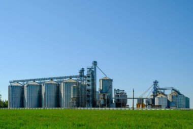Tahıl depolama ve kurutma için tahıl ambarları olan tarım fabrikaları. Tarım sektörü kavramı.