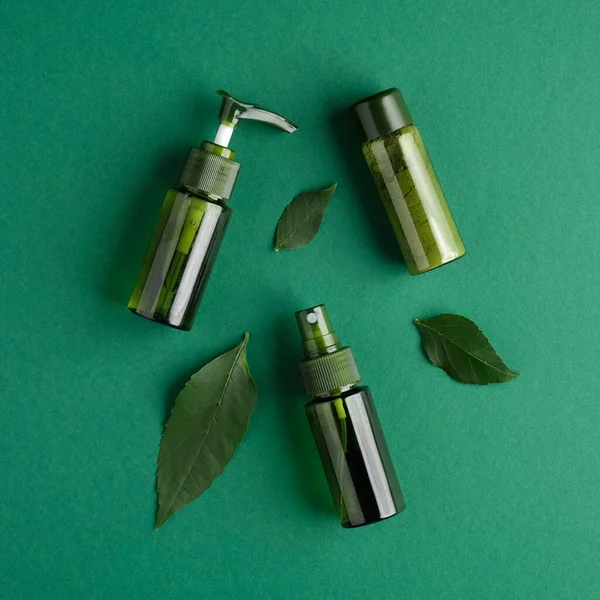 Green cosmetic bottles with plant leaves on green background. Natural organic beauty products, skin care concept