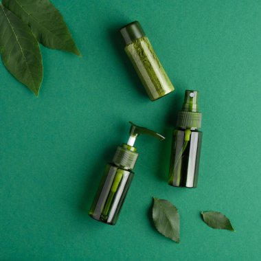 SPA doğal kozmetik şişeleri seti ve yeşil arka planda bitki yaprakları. Biyolojik organik güzellik ürünü, cilt bakımı konsepti. Düz yatış, üst görünüm.