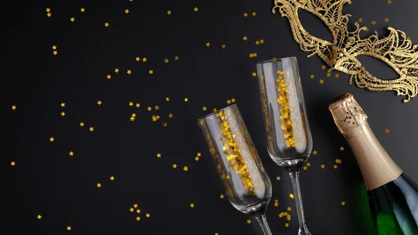 Élégant Fond Noël Avec Des Étoiles Confettis Brillant Bouteille Champagne — Photo