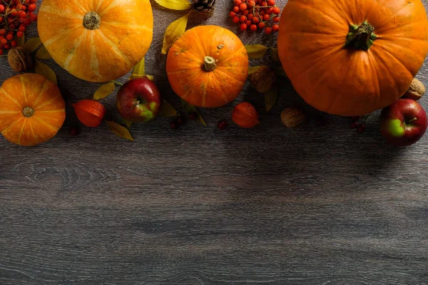 Sonbahar kompozisyonu. Çerçeve kenarı kabaklardan, sonbahar meyvelerinden, fındıklar koyu ahşap masada. Hasat ya da Şükran Günü konsepti. Düz konum, üst görünüm, kopyalama alanı